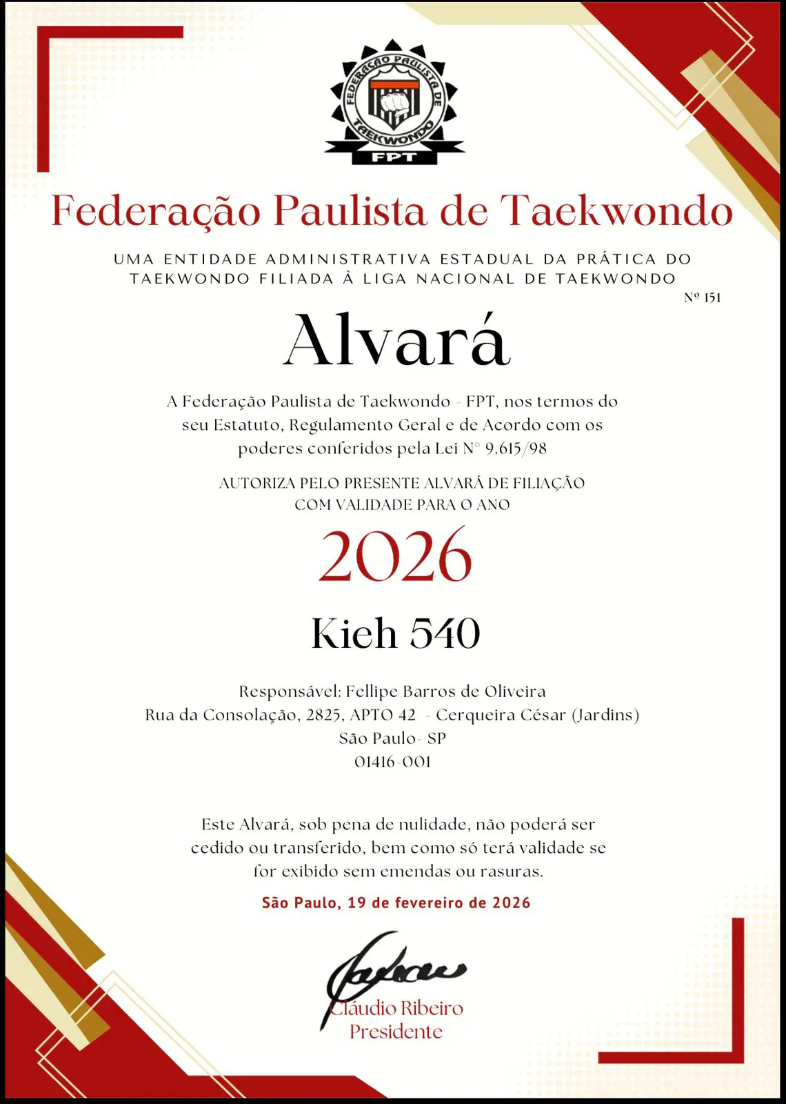 Alvará da Federação Paulista de Taekwondo
